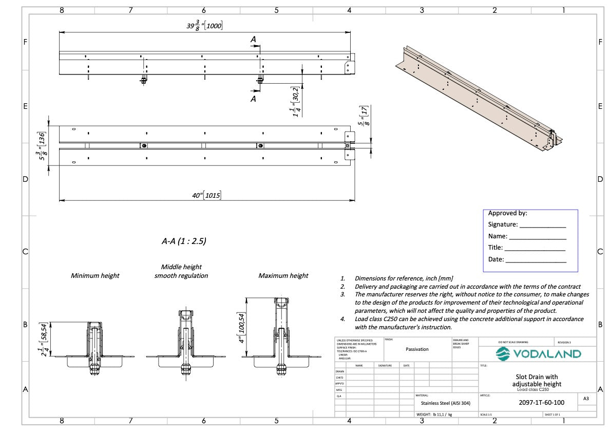 Custom Height Stainless Slot Drain - Vodaland