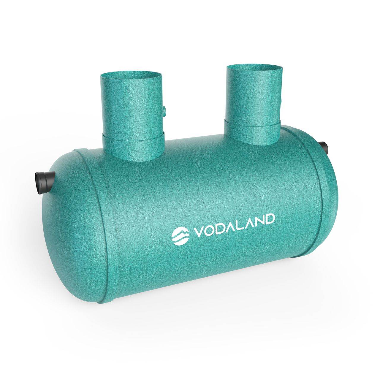 Teal Industrial Grease Trap with two outlets on a white background, featuring the Vodaland brand.